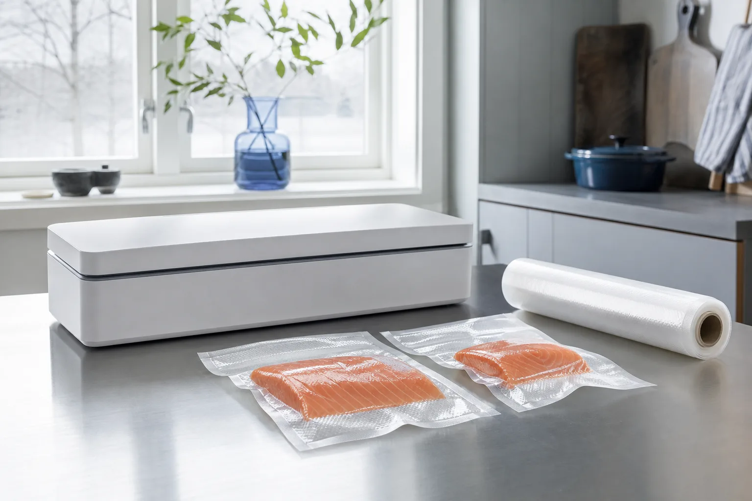 Neutral bordsmodell med portionspåsar och vakuumrulle på köksbänk