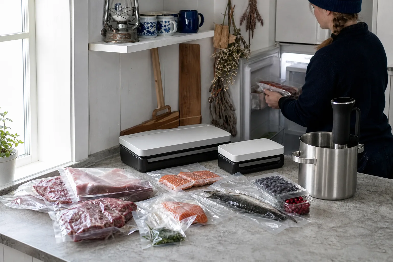 Två neutrala vakuumförpackare i olika storlek på köksbänk