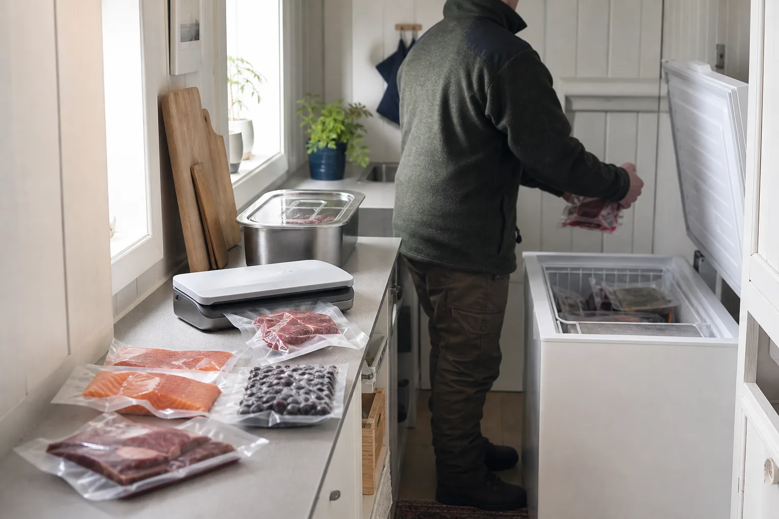Liten vakuumförpackare och färdiga fryspåsar på smal köksbänk