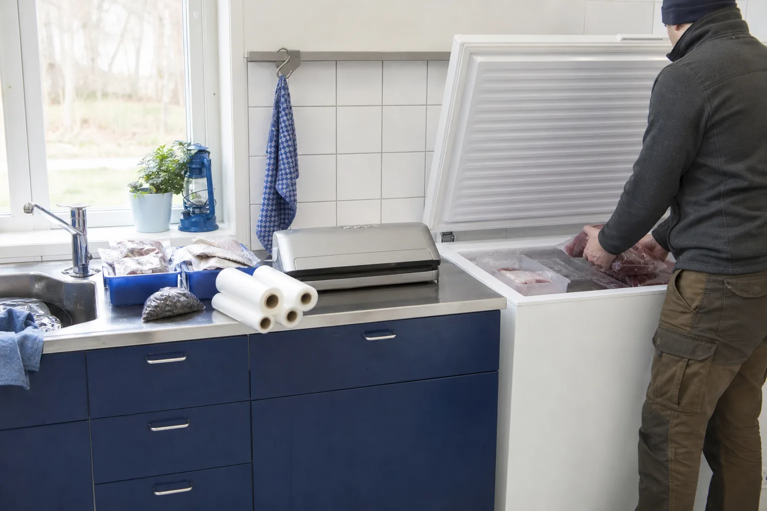 Neutral vakuummaskin och tomma påsrullar på ren arbetsyta