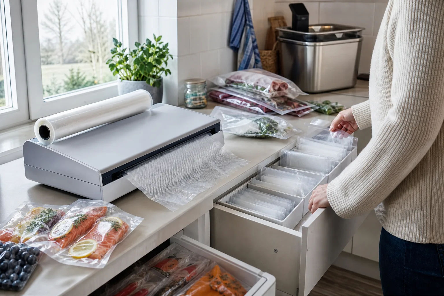 Neutral vakuummaskin med rulle och portionspåsar i köket
