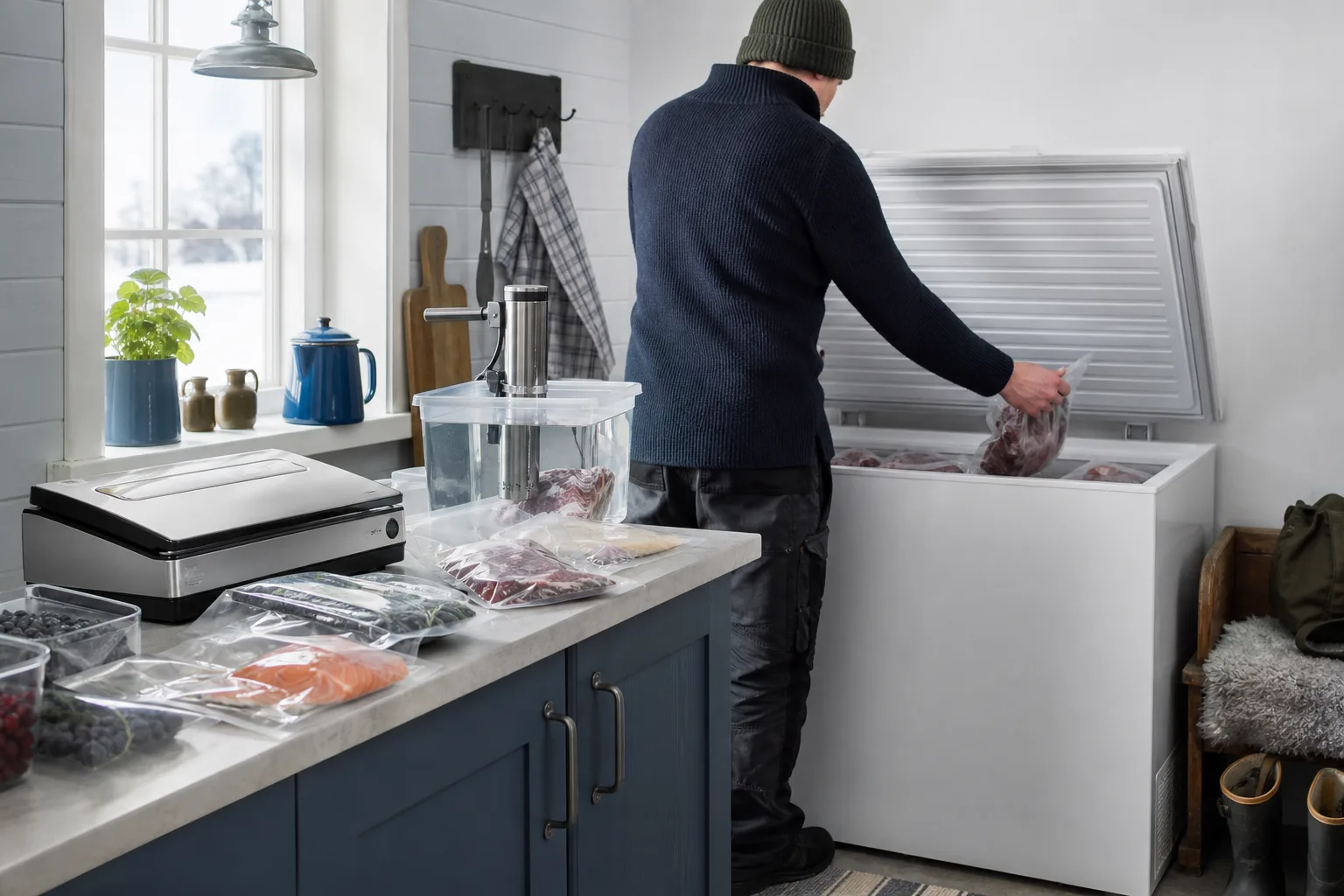 Kylskåp med åtskilda påsar och behållare för olika råvaror