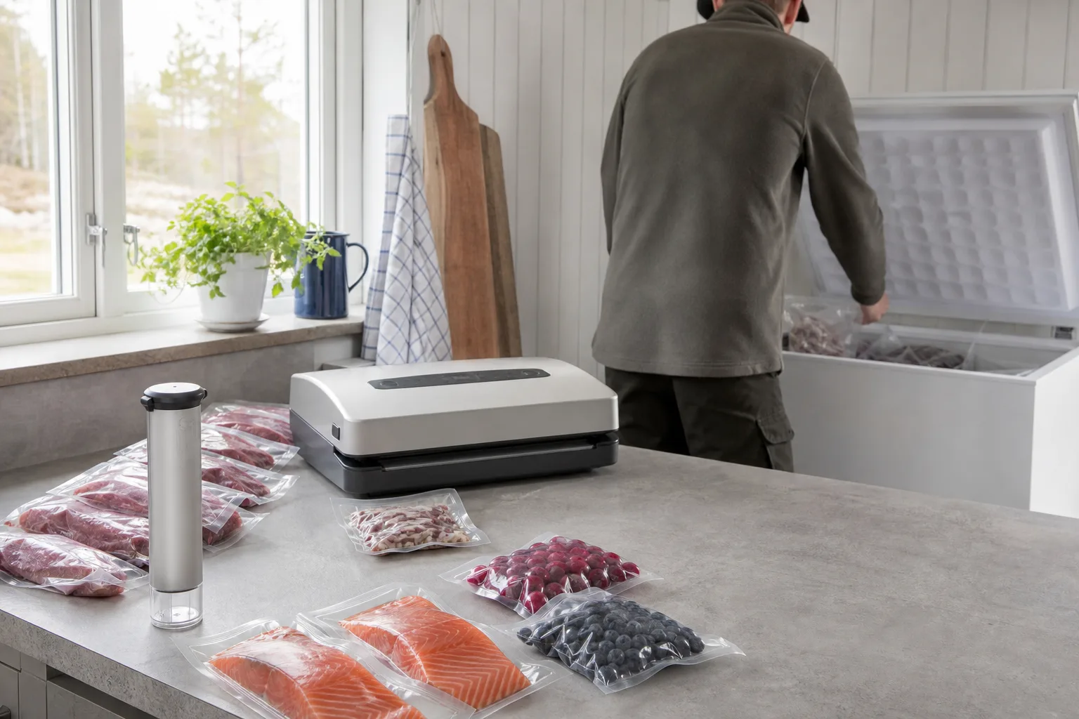 Handpump och bordsmodell bredvid små och stora portionspåsar