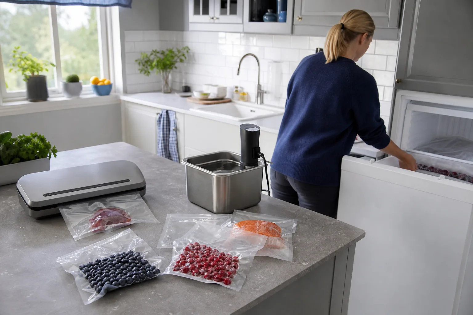 Vakuumpåsar med bär vid en öppen fryslåda i köket
