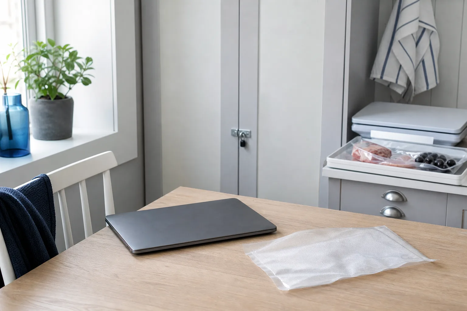 Avstängd laptop och vakuumpåse på ett lugnt köksbord