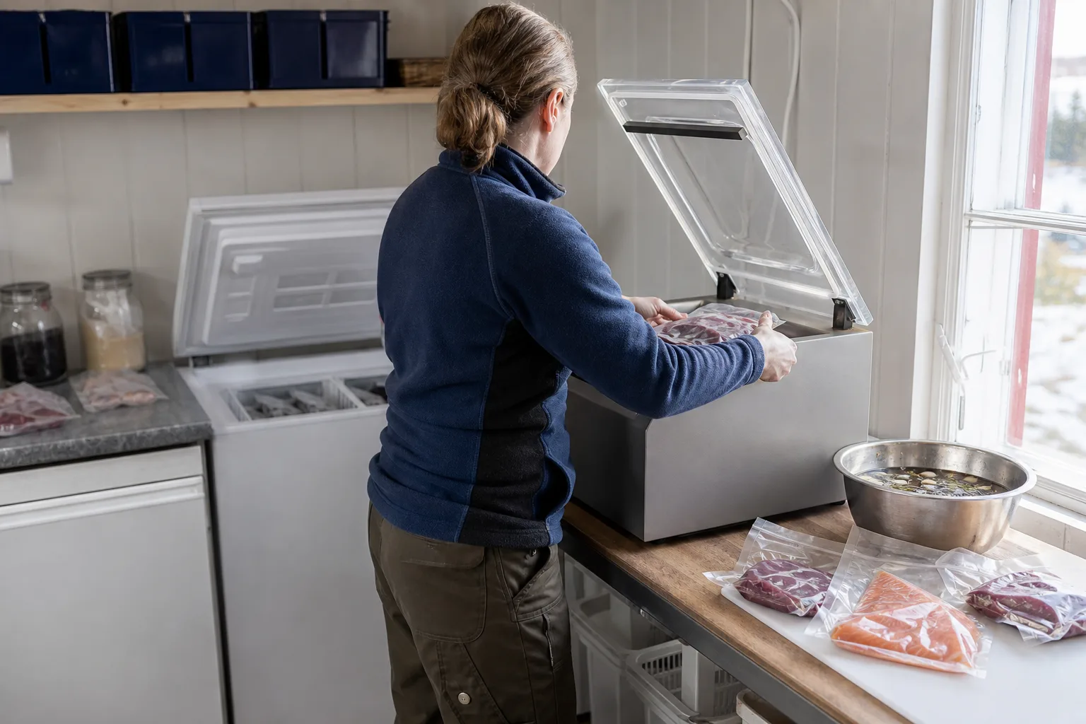 Stor kammarvakuummaskin med släta påsar i ett grovkök
