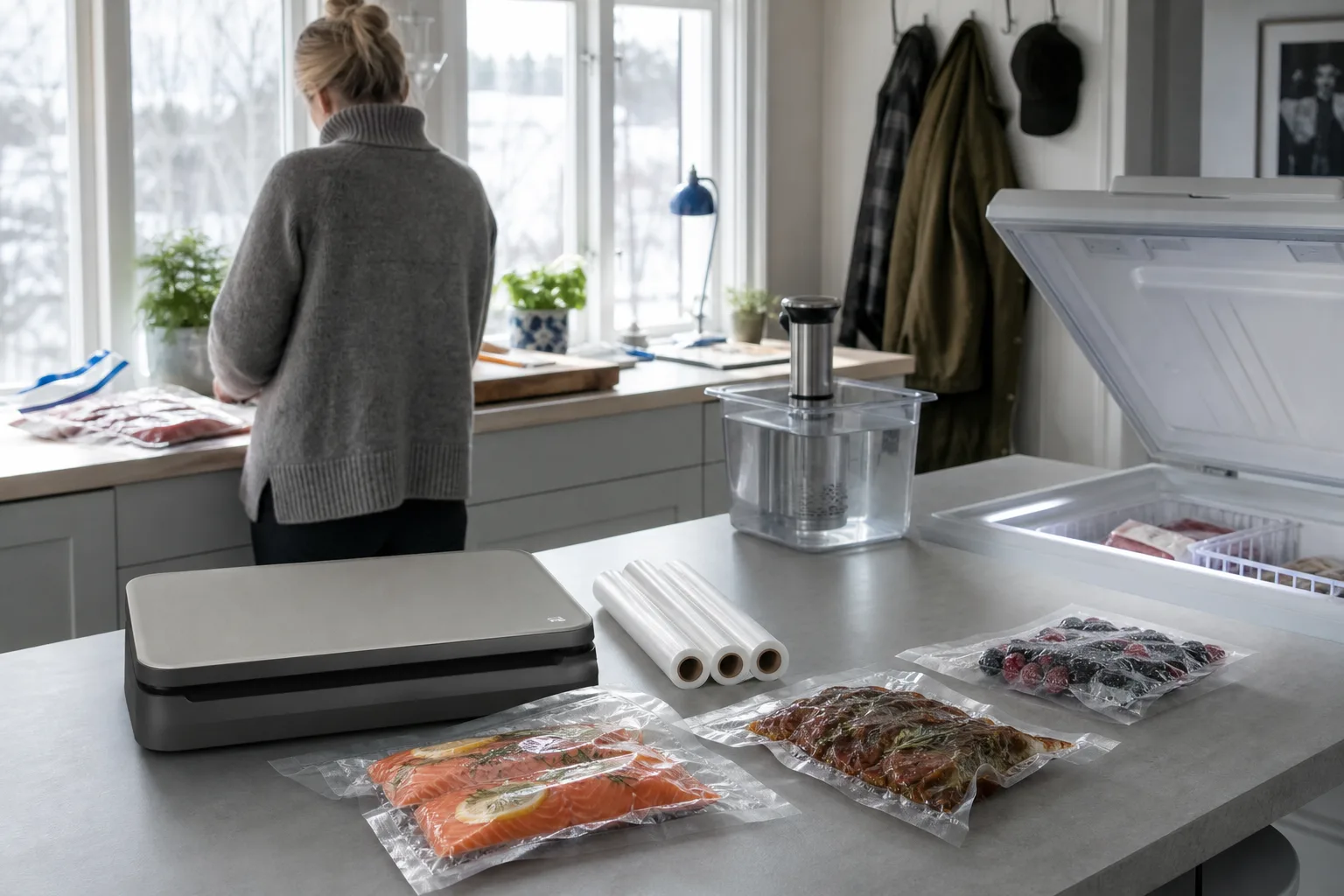 Neutral bordsmodell med vakuumrullar och middagspåse på köksö