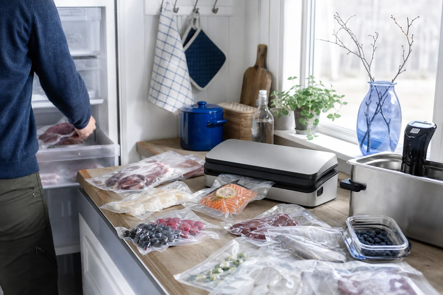 Ljust svenskt kök med neutral vakuumförpackare på ren bänk
