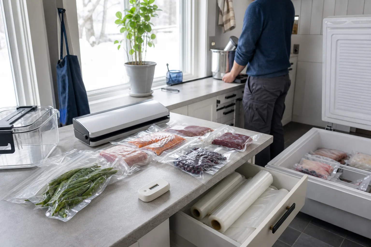 Vakuumpåsar, rullfilm och en enkel kostnadsanteckning på en köksbänk
