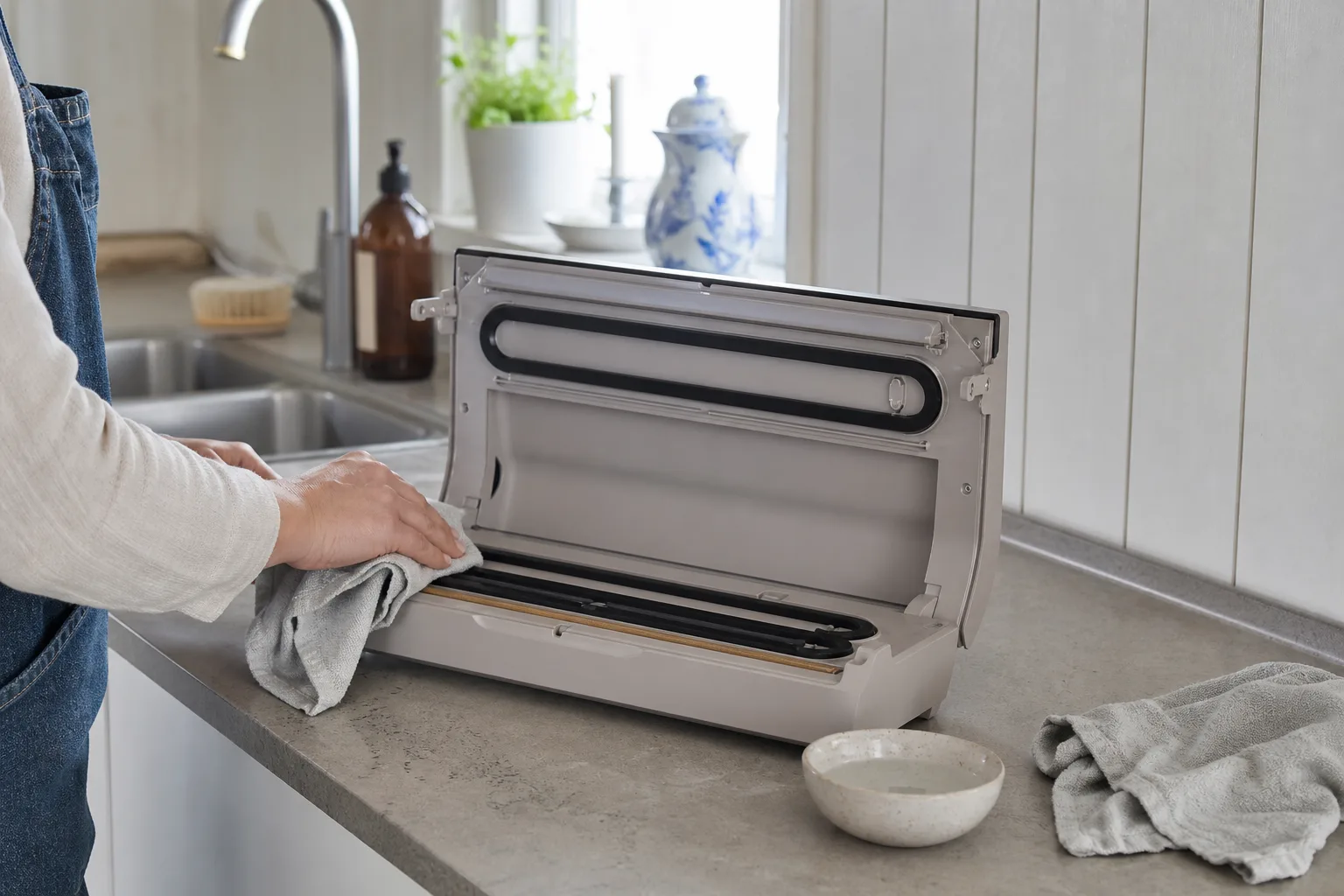 Öppen neutral vakuumförpackare med trasa på ren köksbänk