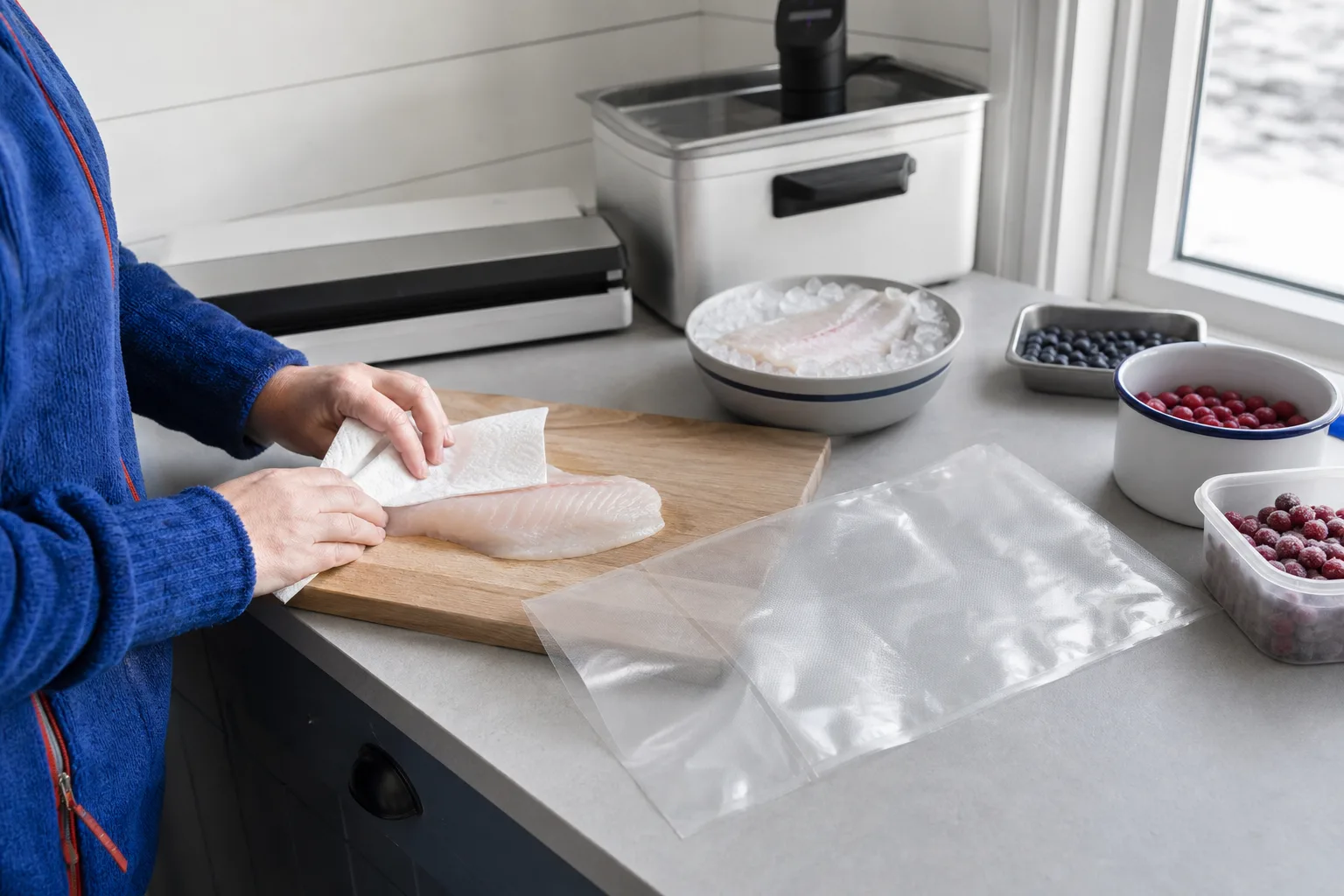 Fisk i vakuumpåse på en köksbänk