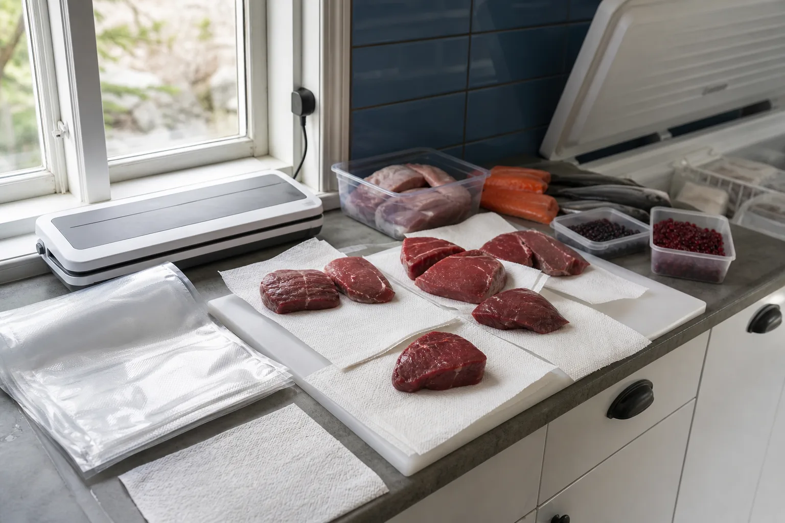 Kött i vakuumpåse på en köksbänk