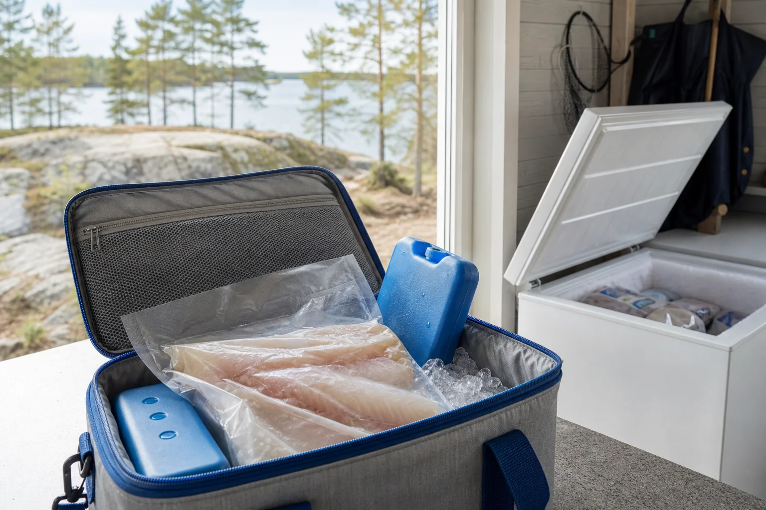 Vakuumförpackad fiskfilé på is i en blå kylväska