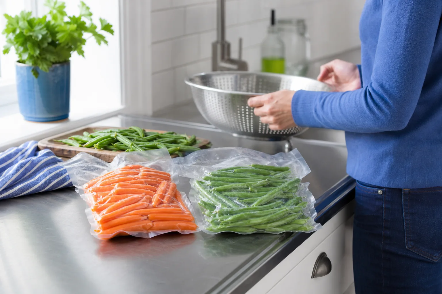 Förberedda haricots verts och morötter i vakuumpåsar