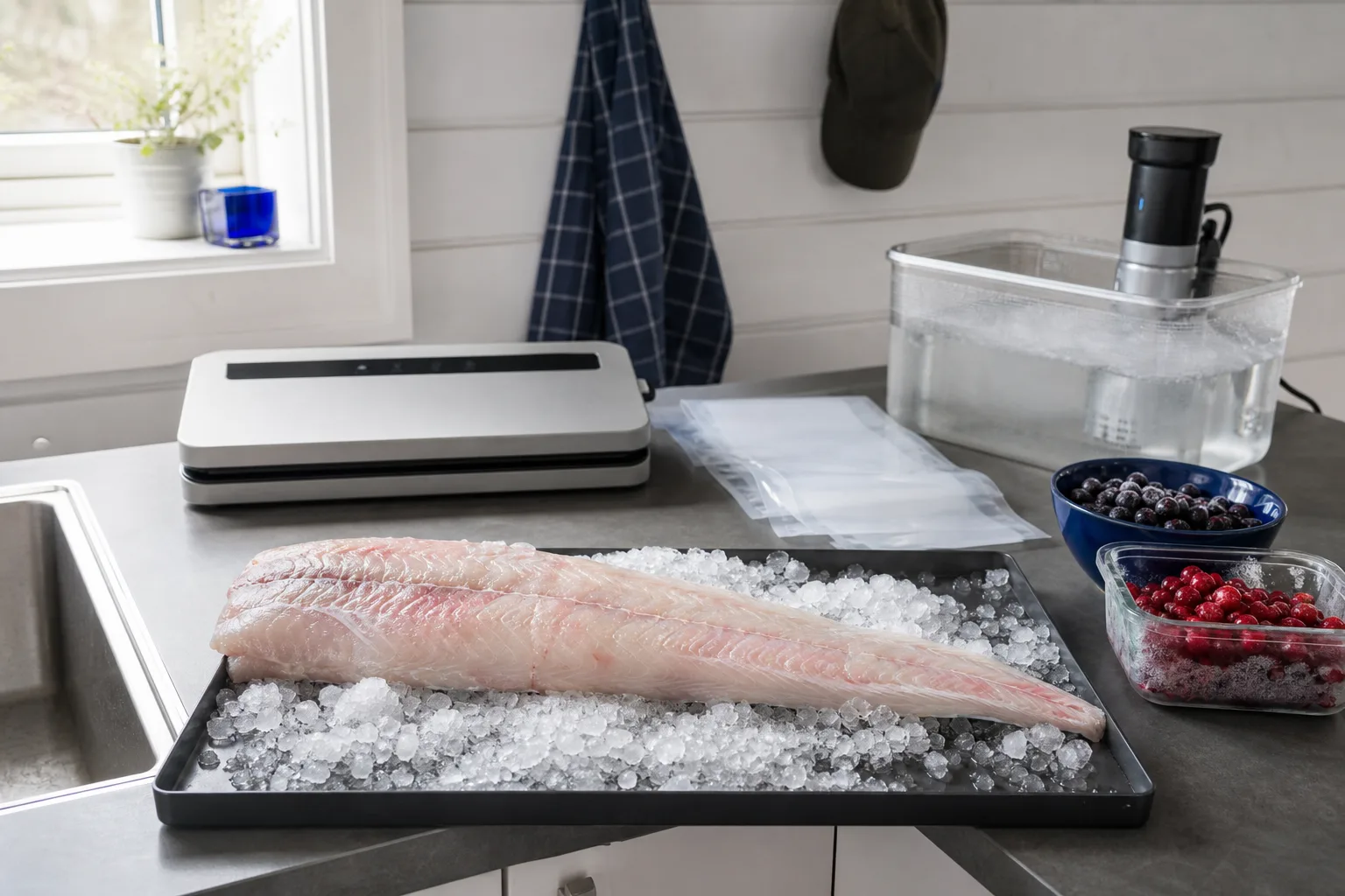 Fiskfilé på is med vakuumpåse i ett kök