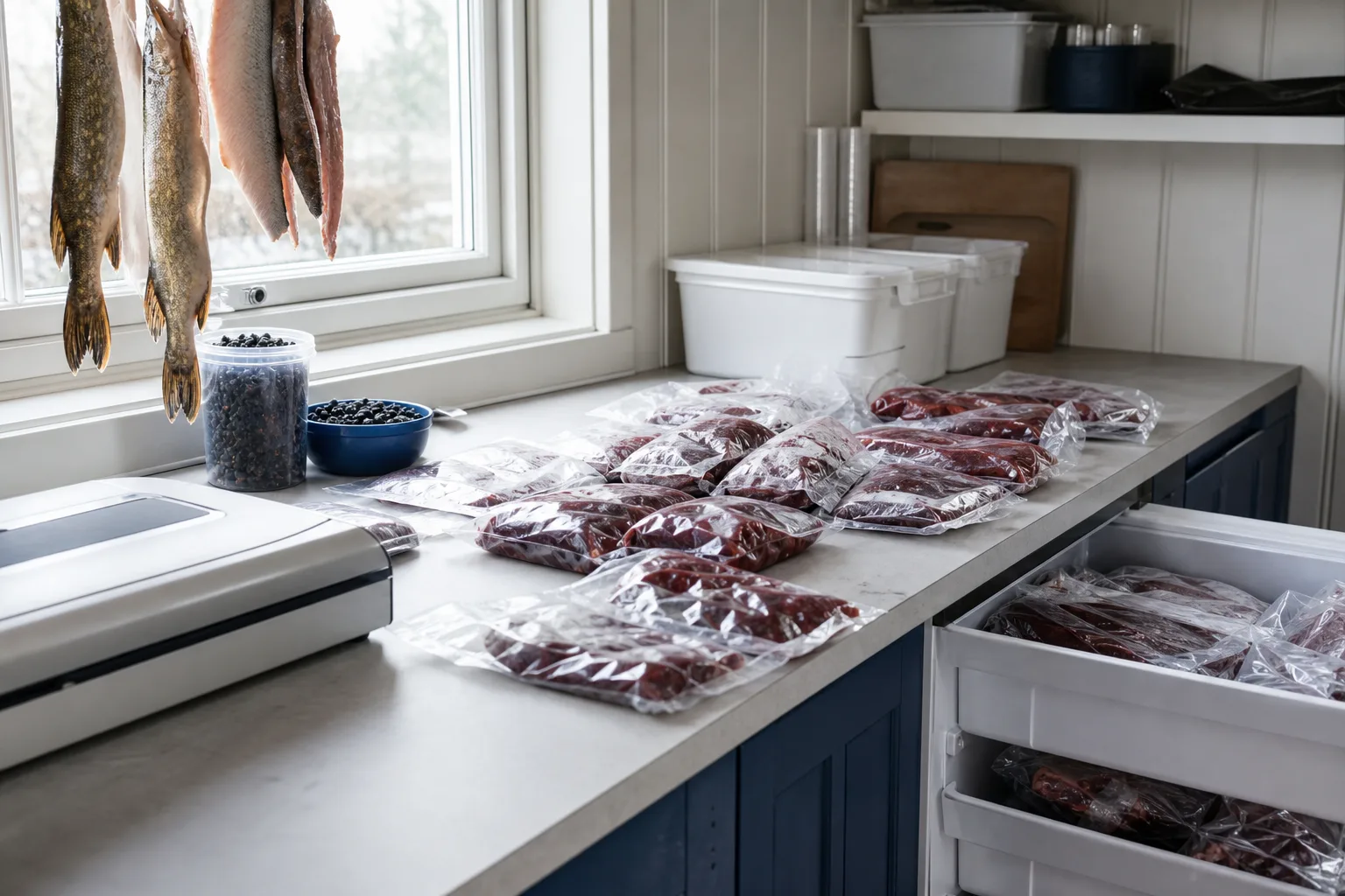 Portionspåsar med viltkött på arbetsbord i en jaktstuga