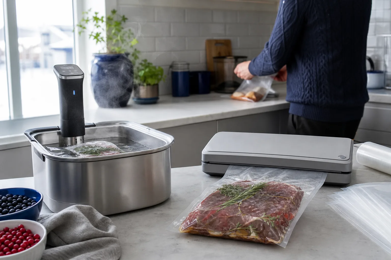 Sous vide-kärl och förseglad påse på en köksbänk