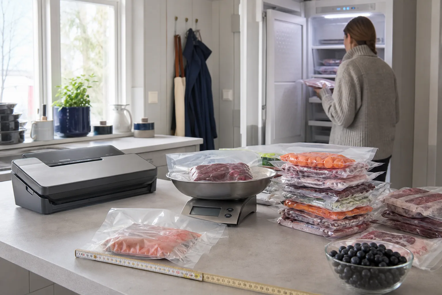 Köksvåg, tumstock och vakuumpackade portioner på en bänk