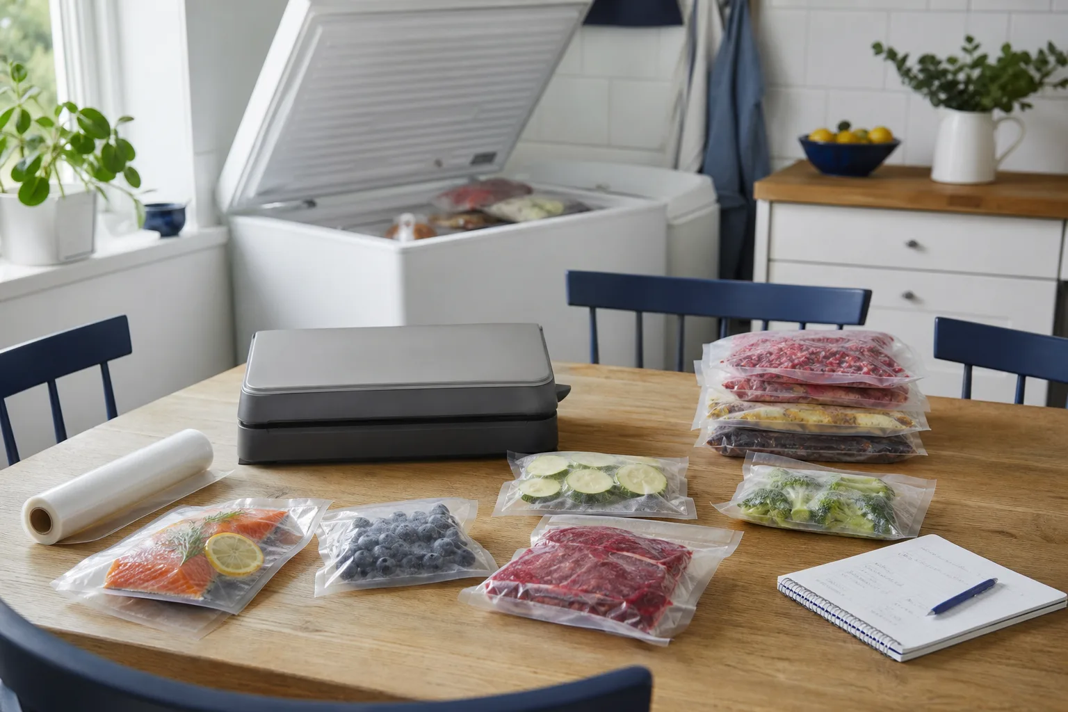 Vakuummaskin, påsrulle och portionspåsar vid ett svenskt köksbord