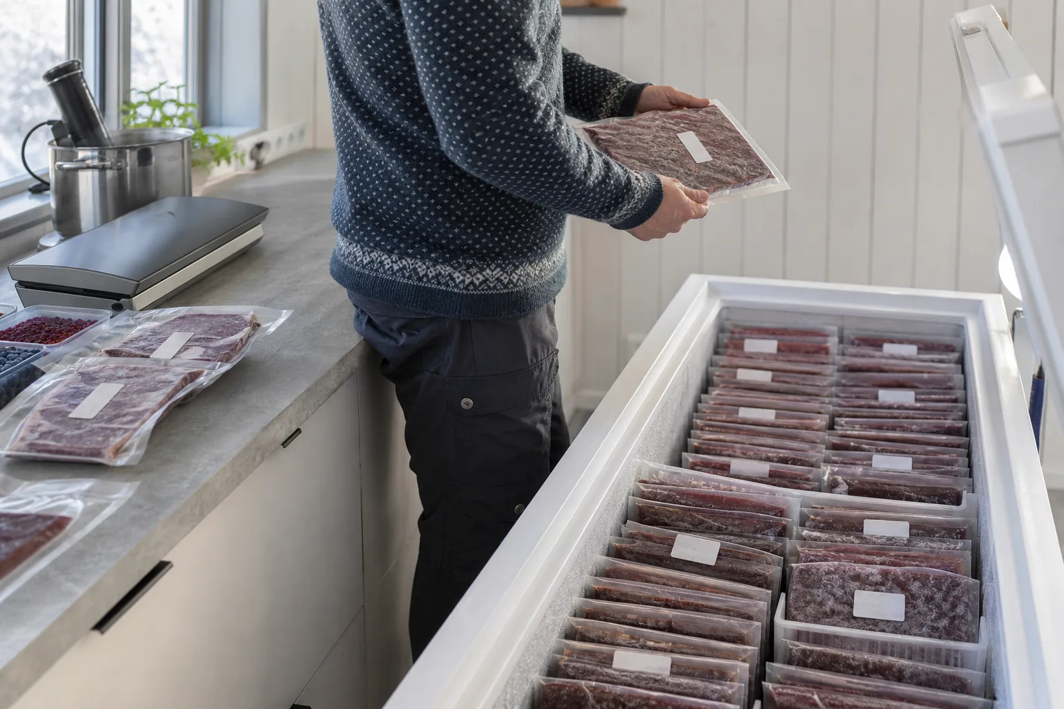 Märkta vakuumpåsar med kött staplade plant i en fryslåda