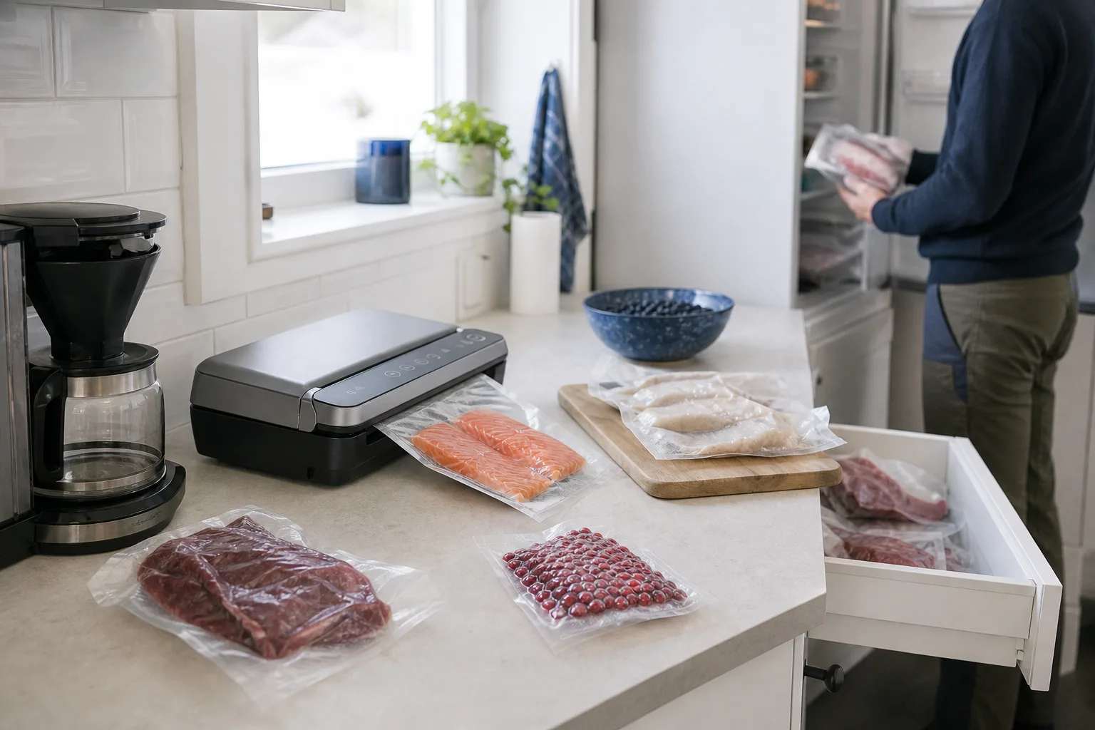Kompakt vakuummaskin på köksbänk bredvid låda med fryspåsar