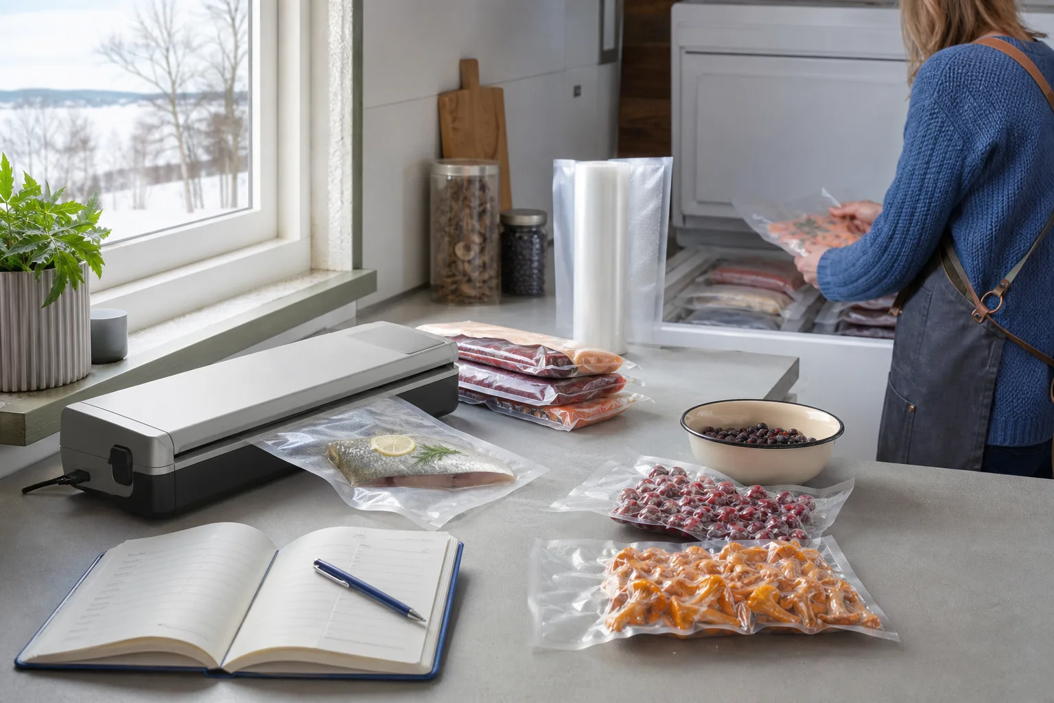 Vakuumförpackare, rulle och märkta påsar på en köksbänk