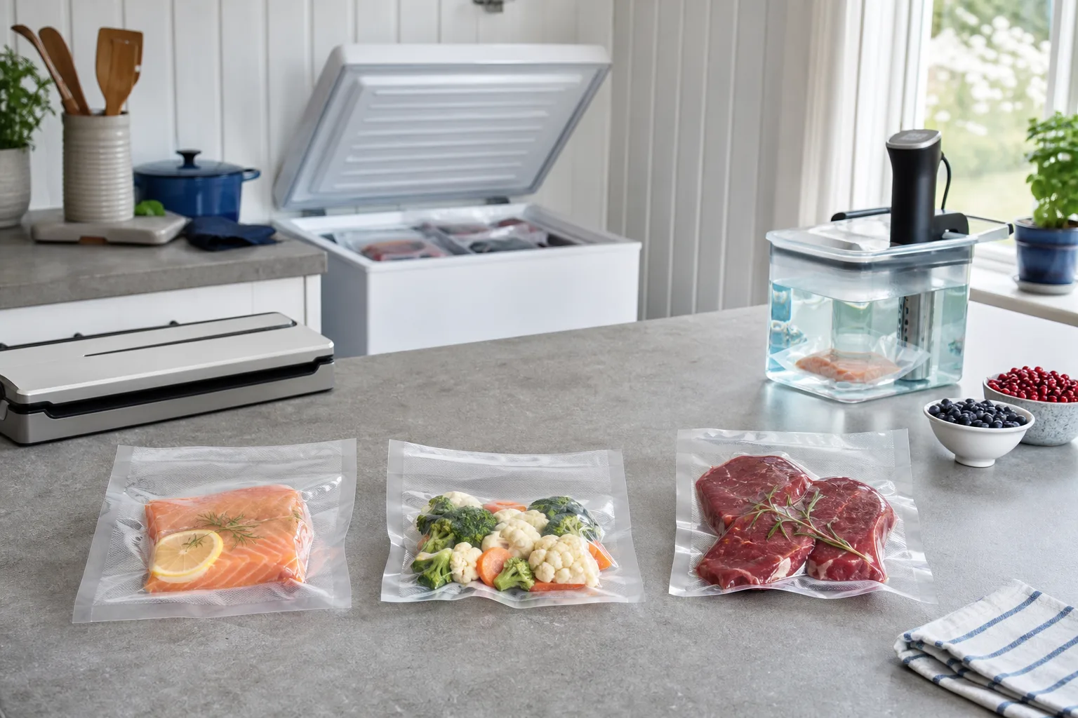 Tre vakuumpåsar med fisk, grönsaker och kött på köksbänk