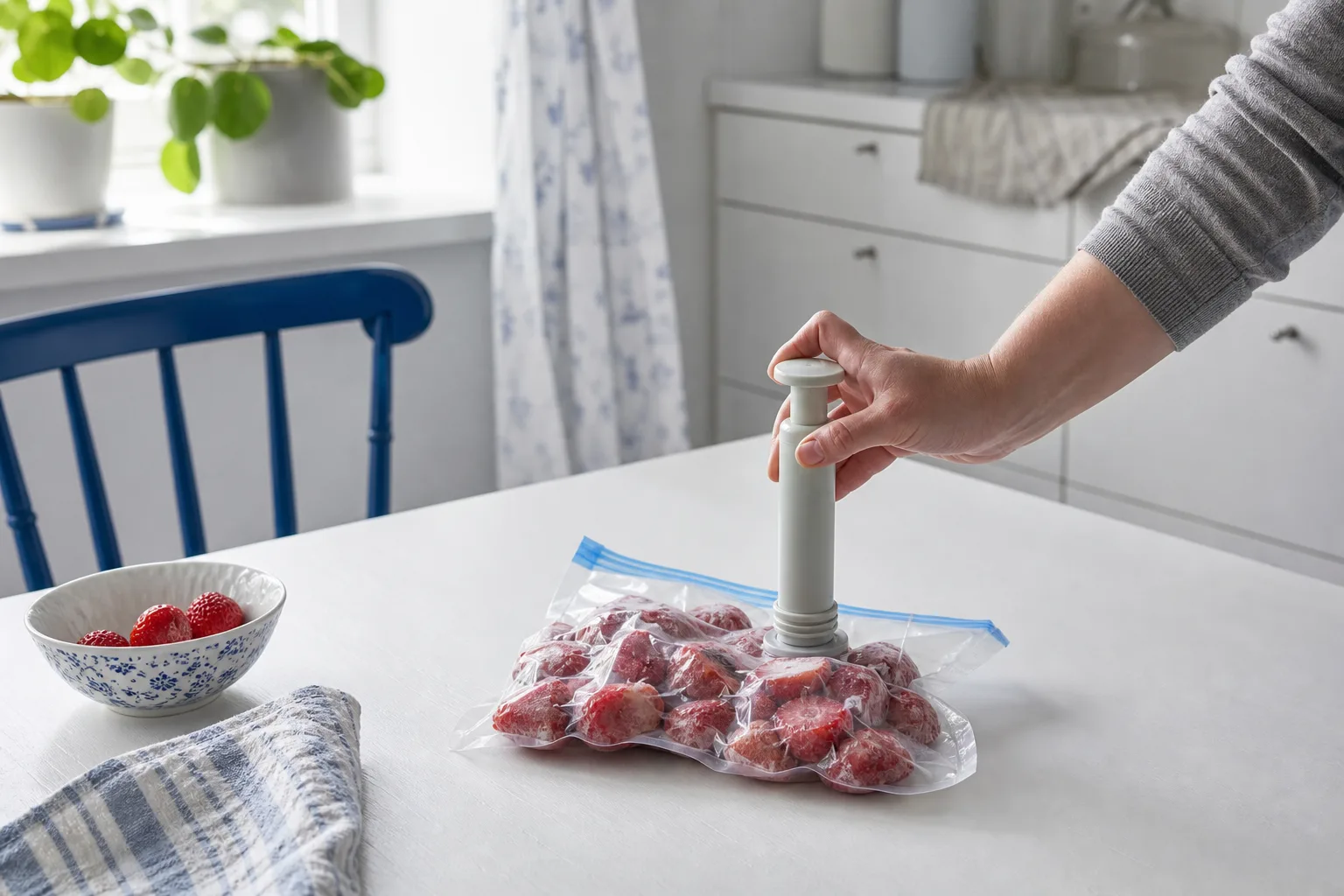 Handpump vid zippåse med jordgubbar på ett köksbord