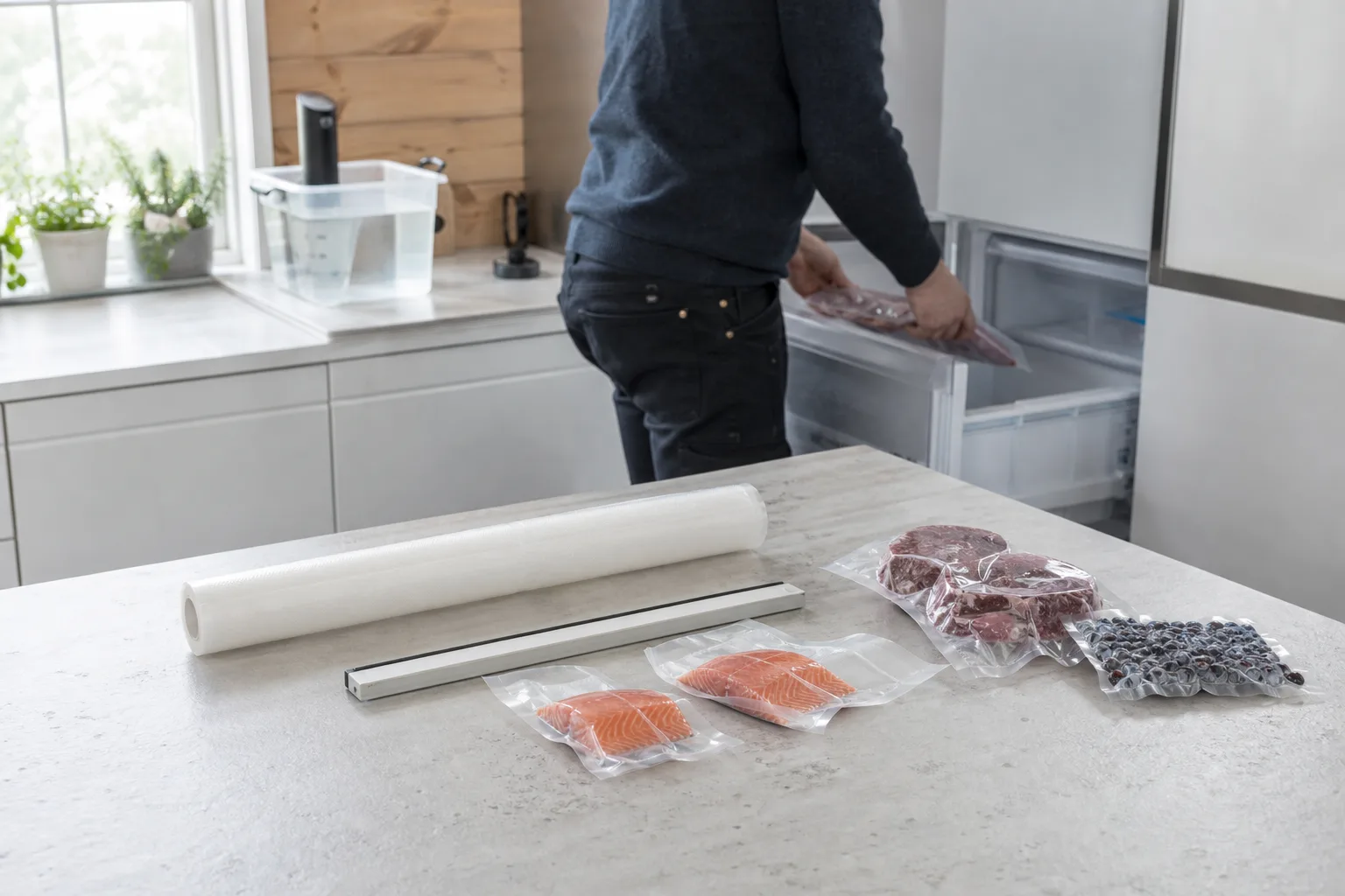 Vakuumrulle och korta portionspåsar på en svensk köksbänk